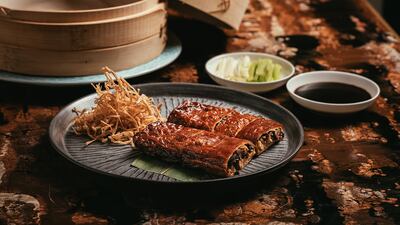 Mott 32 has a dedicated plant-based menu, which offers a smoked Peking 'duck' bean curd roll with carrot, shiitake mushroom and wood ear fungus. Photo: Mott 32