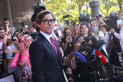 Britney Spears's lawyer Matthew Rosengart speaks to the press and #FreeBritney activists after a hearing in which Spears's father, Jamie Spears, was removed by a judge as conservator of her estate, at the Stanley Mosk Courthouse on September 29, 2021 in Los Angeles. AFP