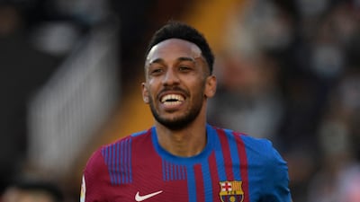 Barcelona's Pierre-Emerick Aubameyang celebrates scoring their third goal. Reuters