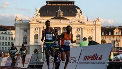 Runners compete in the Men's 5000 Metre Final during the Weltklasse Zurich, part of the Wanda Diamond League at Sechseläutenplatz in Zurich. Getty