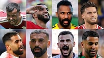Top row: Qatar's Boalem Khoukhi, Morocco's Ismael Saibari, Saudi Arabia's Mohammed Al Owais, Tunisia's Omar Rekik; bottom row: Jordan's Ali Olwan, Egypt's Mohamed Salah, Iraq's Aymen Hussein, Algeria's Riyad Mahrez.
