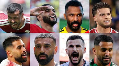 Top row: Qatar's Boalem Khoukhi, Morocco's Ismael Saibari, Saudi Arabia's Mohammed Al Owais, Tunisia's Omar Rekik; bottom row: Jordan's Ali Olwan, Egypt's Mohamed Salah, Iraq's Aymen Hussein, Algeria's Riyad Mahrez.