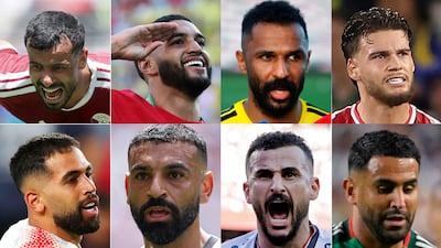 Top row: Qatar's Boalem Khoukhi, Morocco's Ismael Saibari, Saudi Arabia's Mohammed Al Owais, Tunisia's Omar Rekik; bottom row: Jordan's Ali Olwan, Egypt's Mohamed Salah, Iraq's Aymen Hussein, Algeria's Riyad Mahrez.