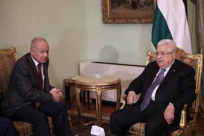 Arab League Secretary General Ahmed Aboul Gheit (L) and Palestine President Mahmoud Abbas meet in Cairo, Egypt, 31 January 2020, on the eve of an Arab League emergency meeting on the proposed US peace plan. EPA