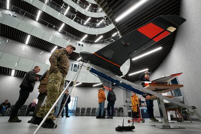 Unmanned aerial vehicles on display at the office building. AP