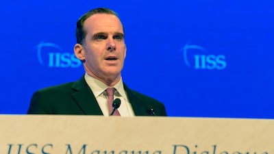 Brett McGurk, US special Presidential Envoy for Iraq and Syria, addresses the 14th International Institute for Strategic Studies (IISS) Manama Dialogue in the Bahraini capital Manama on October 27, 2018. / AFP / STR
