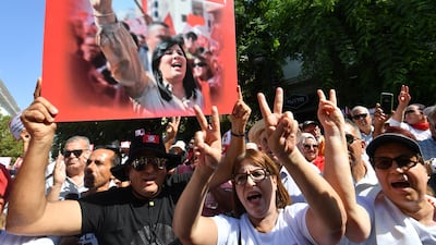 Supporters of Abir Moussi, president of the Free Destourian Party, demand her release, in Tunis. AFP
