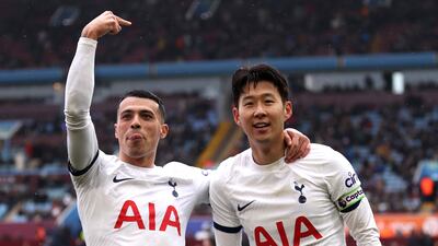 Son Heung-Min of Tottenham Hotspur celebrates scoring his team's third goal with teammate Pedro Porro in the 4-0 Premier League victory at Villa Park on March 10, 2024. Getty Images