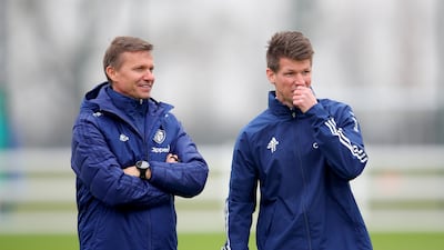 Leeds United manager Jesse Marsch, left, and coach Franz Schiemer during training session. PA