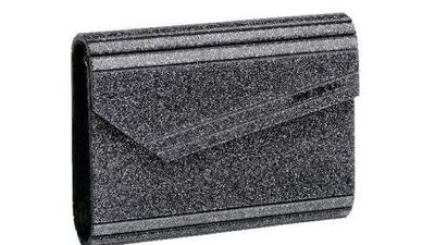 Jimmy Choo candy anthracite glitter acryllic clutch in silver. Courtesy: Jimmy Choo