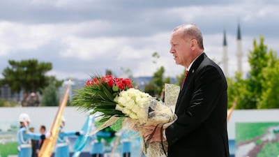 Turkish President Recep Tayyip Erdogan (C) visiting Martyrs Memorial on the third anniversary of the failed coup attempt at the Presidential Palace in Ankara, Turkey. EPA
