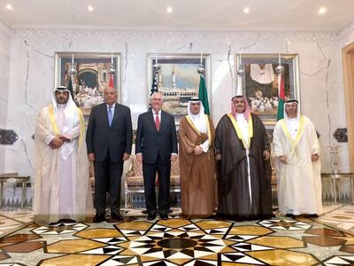 US Secretary of State Rex Tillerson with the Foreign Ministers of Saudi Arabia, Egypt, UAE, and Bahrain, and the Kuwaiti Minister of State for Cabinet Affairs, after their meeting in Jeddah