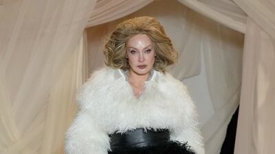 A homage to New York clients included this feather top and skirt at Christian Cowan. Photo: Christian Cowan