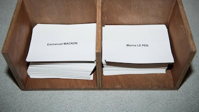 Ballots for French presidential election candidate for French presidential election candidate for the 'En Marche!' (Onwards!) political movement, Emmanuel Macron and far-right Front National party's presidential candidate, Marine Le Pen in a polling station in Tulle, France, 07 May 2017. Caroline Blumberg/EPA