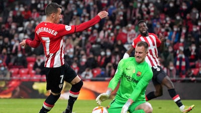Barcelona goalkeeper Marc-Andre Ter Stegen saves from Athletic Bilbao's Alex Berenguer. AFP