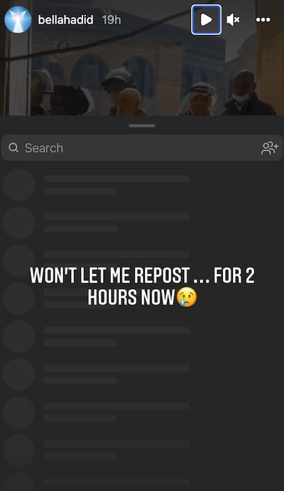 A screengrab from Bella Hadid's Instagram account shows her inability to share content on her Stories