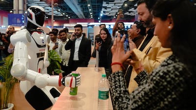 Elixis-W, a humanoid robot, at an AI Impact Summit in New Delhi, India. Bloomberg