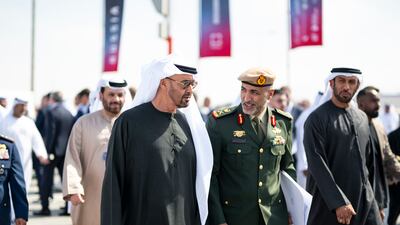 Sheikh Mohamed speaks to Staff Maj Gen Musallam Al Rashidi, Director of the Office of the Supreme Commander of the Armed Forces. UAE Presidential Court