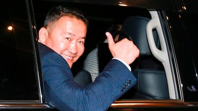 Khaltmaa Battulga, from the main opposition Democratic Party (DP), gives a thumbs up to the crowd after winning the presidential election in Ulan Bator on July 8, 2017. Byambasuren Byamba-Ochir / AFP