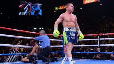 Saul Alvarez after knocking out out Sergey Kovalev during their WBO light heavyweight title bout at the MGM Grand in Las Vegas n Saturday, November 2. USA TODAY