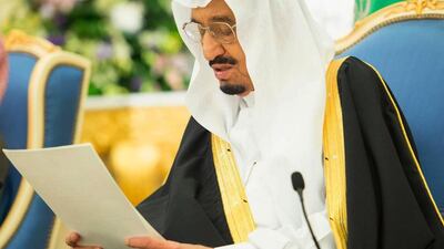 Saudi Arabian King Salman delivers a speech in Riyadh on March 10. AP
