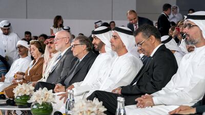 Sheikh Mohamed attends the Reaching the Last Mile Forum. Pictured with Sheikh Saif bin Zayed, the WHO's Dr Tedros Adhanom Ghebreyesus, and Sheikh Khaled bin Mohamed to his left and Bill Gates and Prince Alwaleed bin Talal to his right. Rashed Al Mansoori / Ministry of Presidential Affairs
