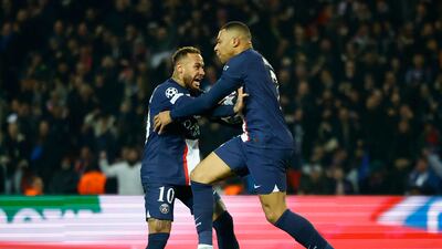 Kylian Mbappe celebrates scoring a goal with Neymar that was later disallowed. Reuters