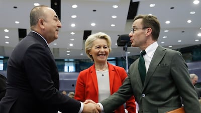 From left, Turkish Foreign Minister Mevlut Cavusoglu, European Commission President Ursula von der Leyen and Swedish Prime Minister Ulf Kristersson at an international donors' conference in Belgium for Turkish and Syrian victims of this year's earthquakes, on March 20. EPA