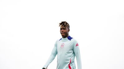 Spain's Nico Williams attends training ahead of Friday's Euro 2024 quarter-final match against Germany. AP