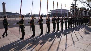 A guard of honour near Tiananmen Square for a ceremony to receive Thailand's King Maha Vajiralongkorn and Queen Suthida, at the Great Hall of the People, Beijing. EPA