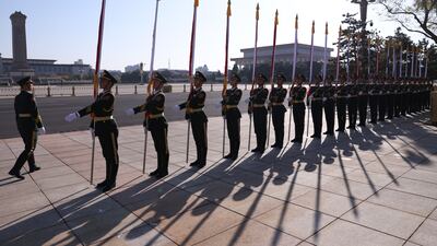A guard of honour near Tiananmen Square for a ceremony to receive Thailand's King Maha Vajiralongkorn and Queen Suthida, at the Great Hall of the People, Beijing. EPA