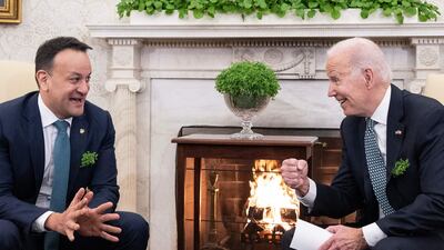 US President Joe Biden meets Irish Taoiseach Leo Varadkar on St Patrick's Day in the Oval Office of the White House. AFP