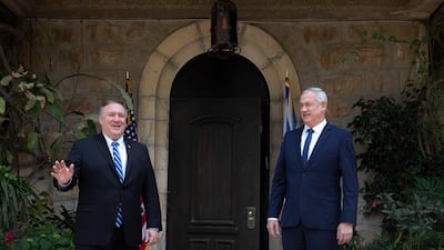 US Secretary of State Mike Pompeo meets Israeli Blue and White party leader Benny Gantz in Jerusalem, May 13. EPA