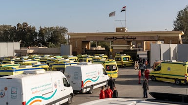 Ambulances wait at the Rafah border crossing between Gaza and Egypt in February. Getty Images