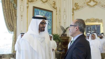 The Crown Prince greets Felipe Calderon Hinojosa.Ryan Carter / Crown Prince Court - Abu Dhabi