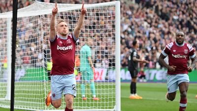 Jarrod Bowen of West Ham United celebrates his equaliser against Arsenal. Getty Images