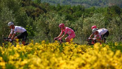 UAE Team Emirates race leader Tadej Pogacar rides with teammates during the stage. AFP