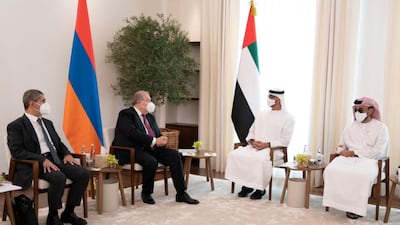 Sheikh Mohamed bin Zayed, Crown Prince of Abu Dhabi and Deputy Supreme Commander of the Armed Forces, meets with Armenia's president, Armen Sarkissian