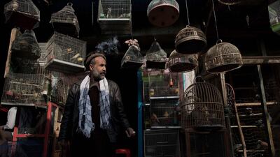 An Afghan shop owner smokes a cigarette at the bird market in Kabul on February 25, 2014. Afghanistan’s economy has improved significantly since the fall of the Taliban in 2001, but the country needs to overcome challenges including low revenue collection and job creation, corruption, weak government capacity and poor public infrastructure. Nicolas Asfouri / AFP photo