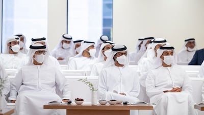 From left, Dr Mugheer Al Khaili, Abu Dhabi Executive Council member and chairman of the Department of Community Development, Sheikh Khalifa bin Tahnoon, director of the Martyrs' Families' Affairs Office of the Abu Dhabi Crown Prince Court, and Sheikh Khalid bin Zayed, chairman of the Board of Zayed Higher Organisation for Humanitarian Care and Special Needs, at the lecture.