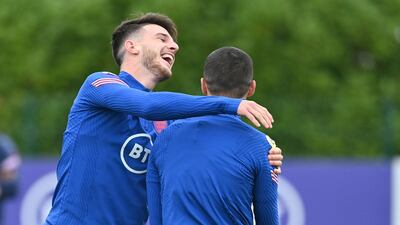 England's defender Conor Coady and Declan Rice during training for their World Cup 2022 qualifying match against Andorra. AFP