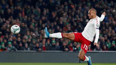 Denmark's Martin Braithwaite scores their first goal. Reuters