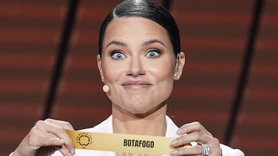 Brazilian model Adriana Lima selects Botafogo during the fourth draw for the 2025 Fifa Club World Cup football tournament. AP