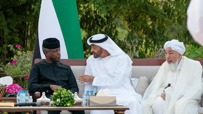 Sheikh Mohamed bin Zayed meets Yemi Osinbajo, Vice President of Nigeria, and Shaykh Abdallah bin Bayyah, while receiving a delegation of participants of the Forum for Promoting Peace in Muslim Societies, at Al Maqam Palace in Al Ain. Hamad Al Mansoori for the Ministry of Presidential Affairs