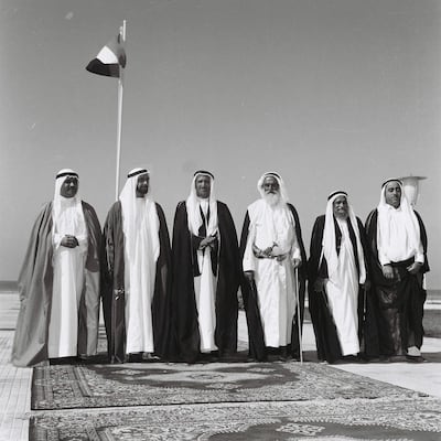 Sheikh Zayed and UAE rulers at Union House in Dubai. December 2, 1971