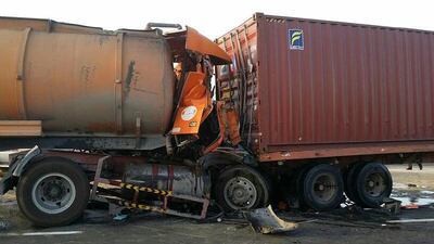 This collision between two lorries on Al Khail Road in Dubai in April resulted in the death of a man. Courtesy Dubai Police