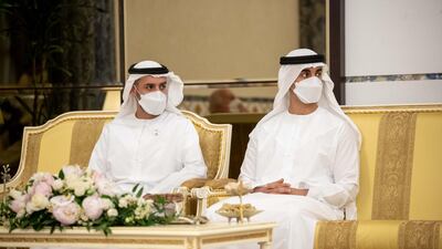Sheikh Hamad bin Mohammed Al Sharqi, UAE Supreme Council Member and Ruler of Fujairah, not shown, exchanges Eid greetings with Sheikh Hamdan bin Mohamed bin Zayed, right, and Sheikh Mohamed bin Hamad bin Tahnoon. Ministry of Presidential Affairs