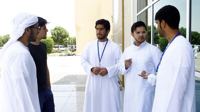 From left: Al Murr Al Marri, Ahmad Al Emadi, Mohammed Al Awadi, Khaled Jassem Sabt and Hamad Al Mansoor, talk to The National about the need for authorities to educate youngsters about UAE laws and citizens’ rights. Jeffrey E Biteng / The National