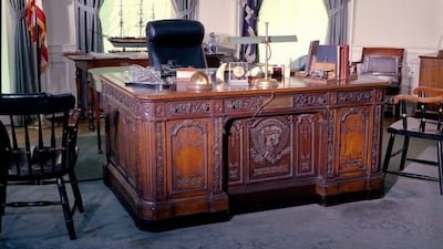The Resolute Desk in the Oval Office. This was a gift from Britain's Queen Victoria to president Rutherford B Hayes in 1880