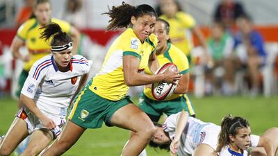 Brazil’s Mariana Ramalho powers her way through to score a try in the Women’s Sevens World Series match against France. Jake Badger for The National